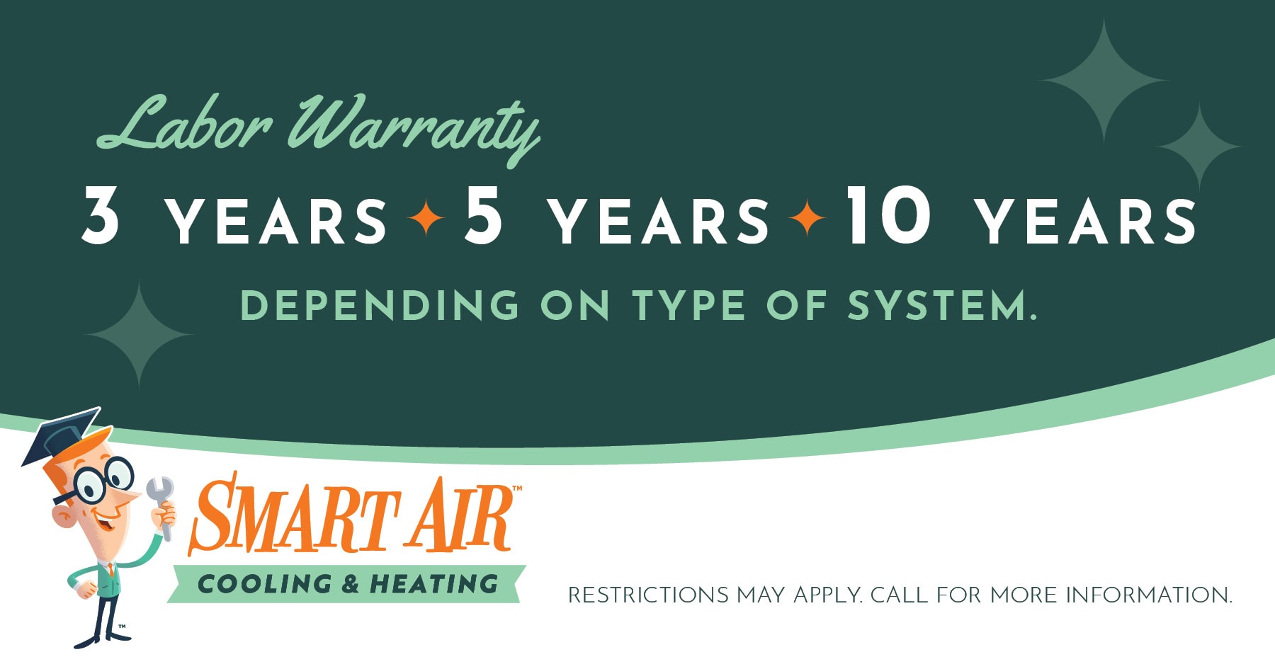 3 years 5 years 10 years depending on type of system. Labor Warranty.