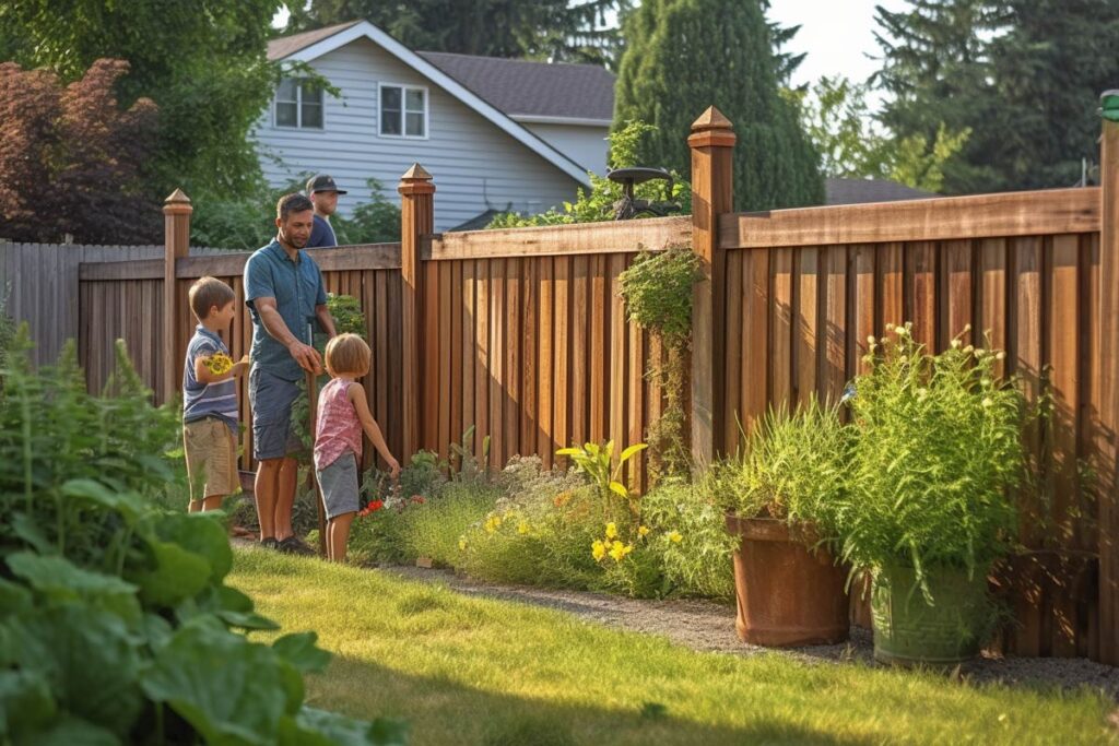 Happy family enjoying outdoor activities in a backyard with a cedar fence